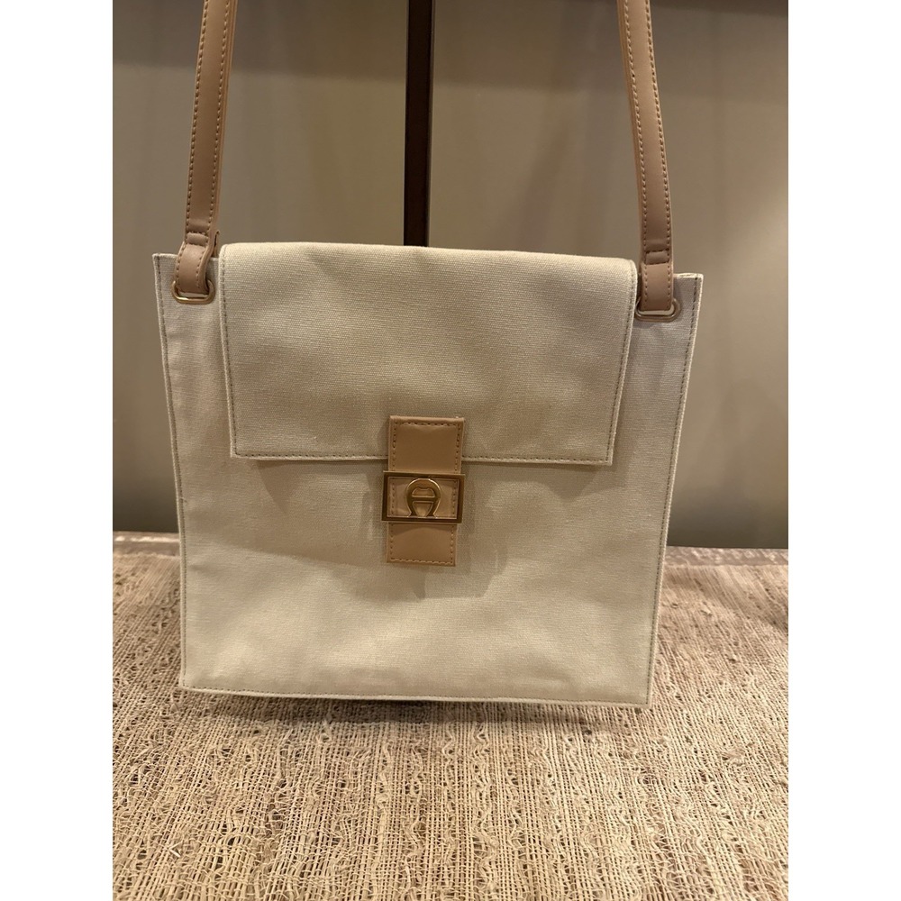 Etienne Aigner Tan Canvas Brown Leather Trim Shoulder Crossbody Gold Logo